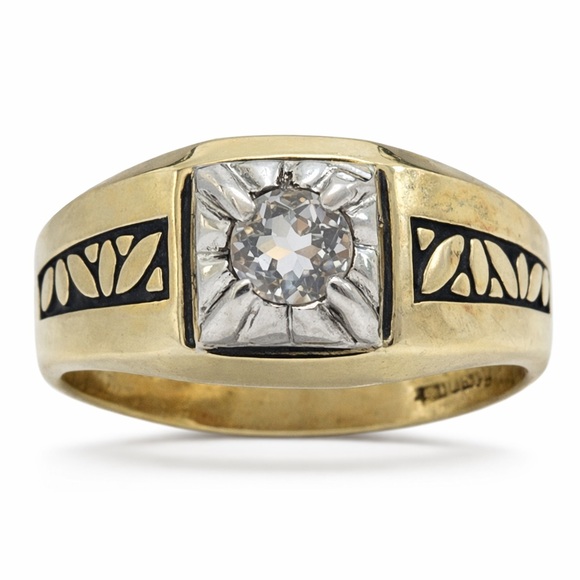Vintage Men’s RingGold plated Clear CZ Stone Square Setting Sz 11 antique look